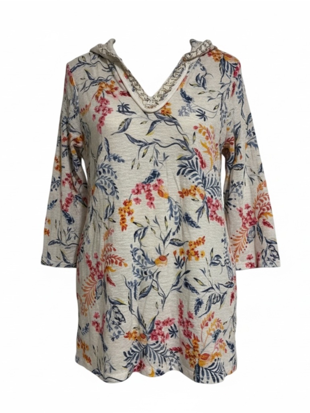 Chico's Cream Floral V-Neck Tunic with Blue, Pink & Yellow Botanicals